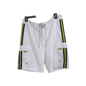 Vintage Old Navy Mens White Board Swim Shorts Size L Black Green Stripes Cargo
